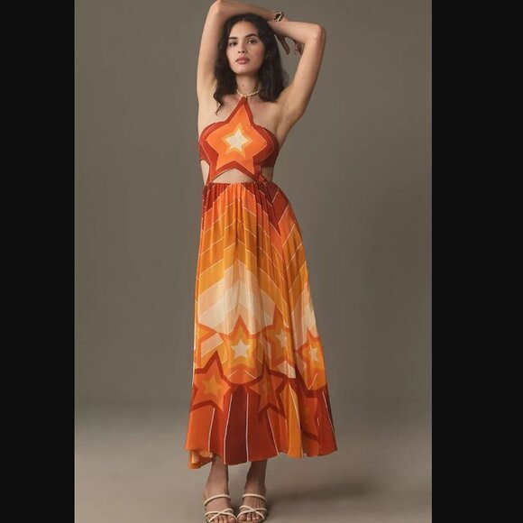 New M Farm Rio x Anthropologie Gradient stripes star halter maxi dress in orange